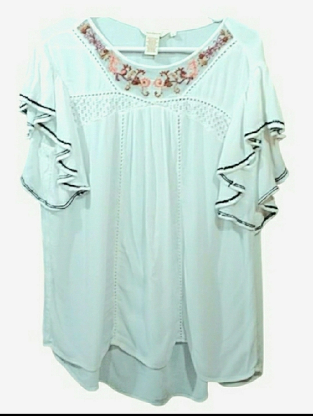 Sundance Flowy Ruffle Sleeves Fairy Cottage  Embroidered Mesh Floral Motief L